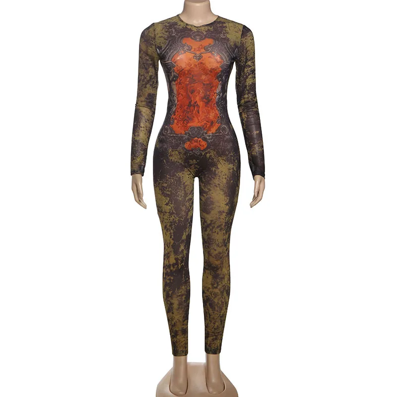

Stretch Tight Sexy o-Neck Full Sleeve Skinny Streetwear Autumn Zip Slim Overalls Tie-Dye Print Jumpsuit Women Fitness