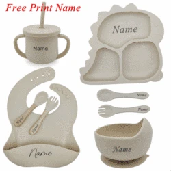 Dinosaur Children Dishes Plate Baby Feeding Set Personalized Name Silicone Tableware For Kids Toddlers Training Bowl Baby Stuff