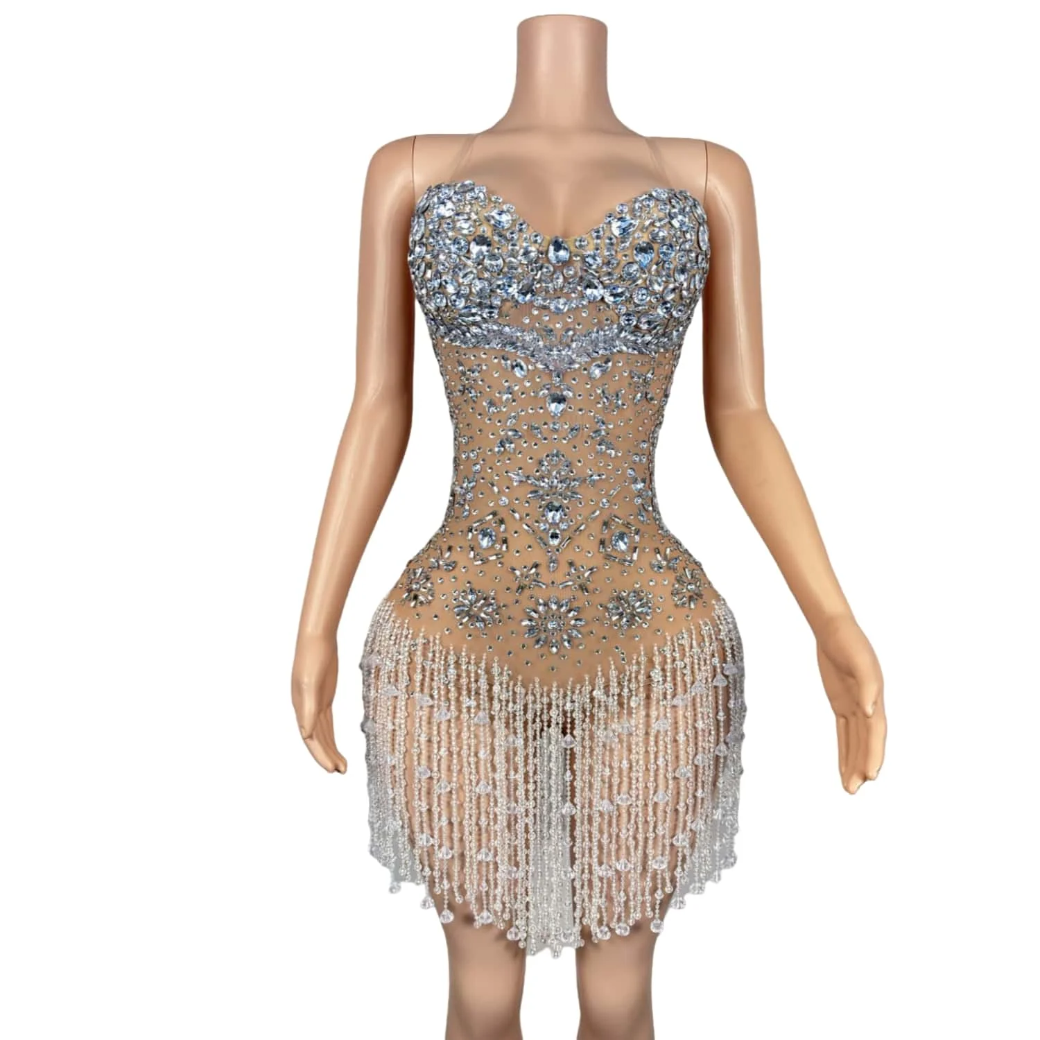 

Сверкающее платье с бахромой и кристаллами, сексуальная прозрачная сетчатая юбка без бретелек, платье для ночного клуба, клуба, платье для выступлений знаменитостей, yunshi