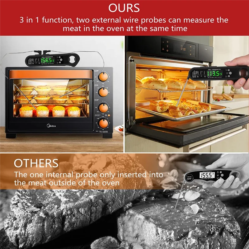 The New 3 in 1 Digital Meat Thermometer, Instant Read Food Thermometer with 2 Detachable Wired Probe,Calibration, Alarm Function