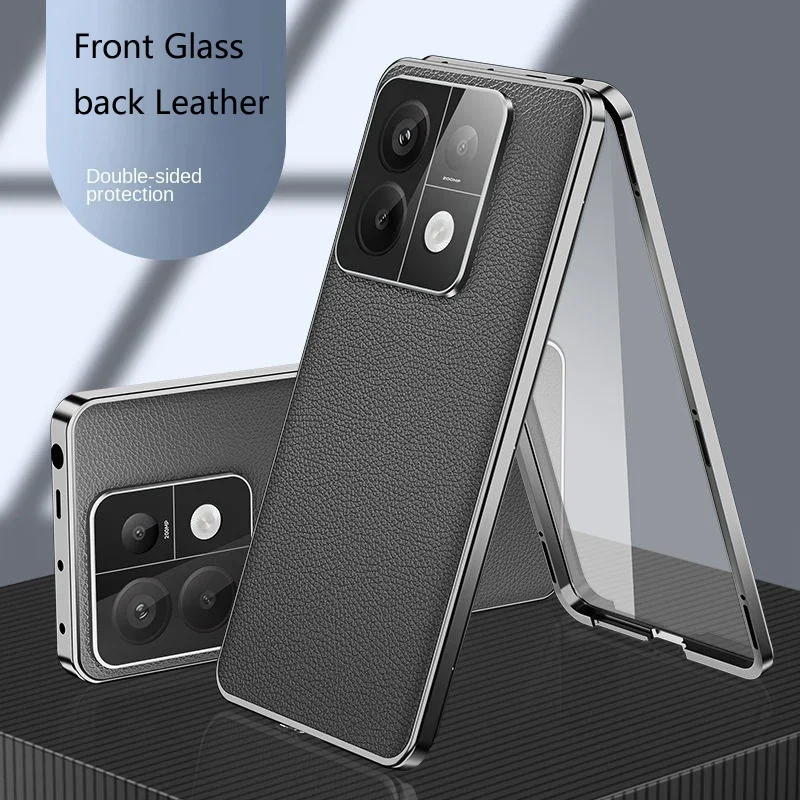 

Metal Magnetic Lock Phone Case for Redmi Note 13 14 15 Pro Plus 5G Tempered Glass Full Lens Protection Leather Back Cover Cases