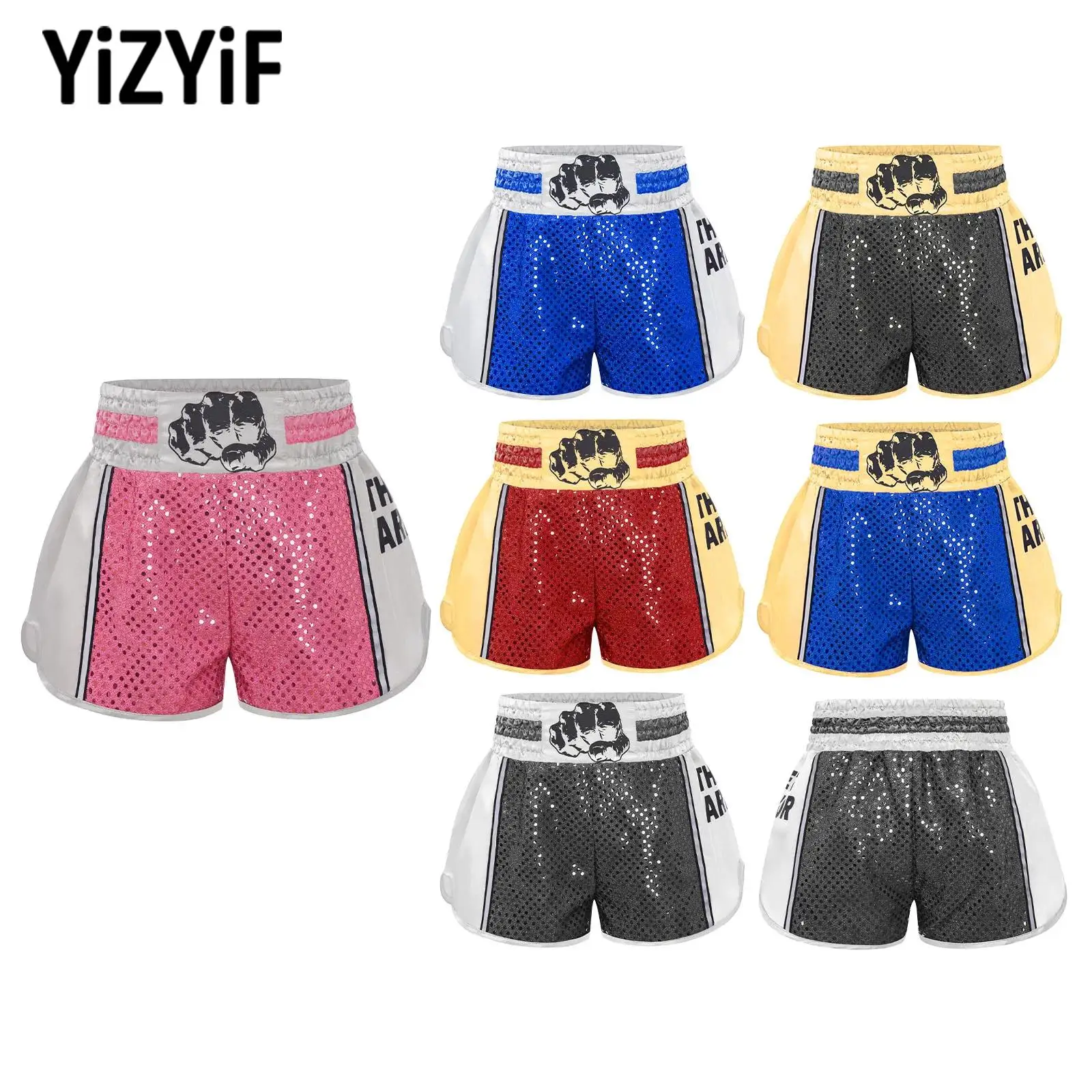 

Шорты для тайского бокса для мальчиков и девочек, боксерские шорты с блестящими пайетками и разрезом по бокам, одежда для подростков, ММА, одежда для Хэллоуина, косплея, вечеринки