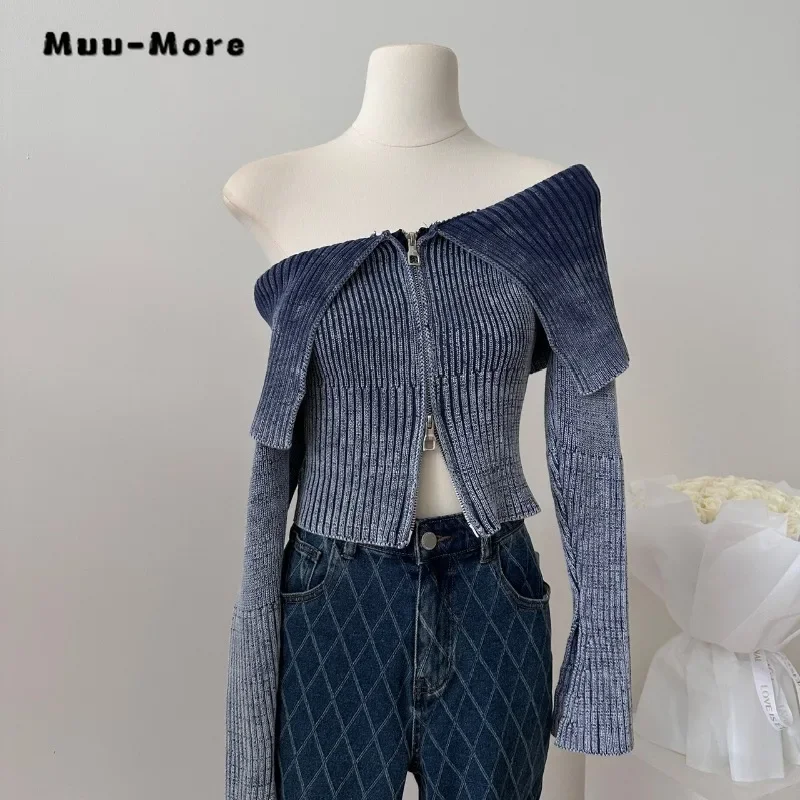 2023 Autumn Women Zipper Design  Harajuku Knitted Cardigans Korean  Fashion Turn Down Collar Sweater Flare Sleeve Outerwear