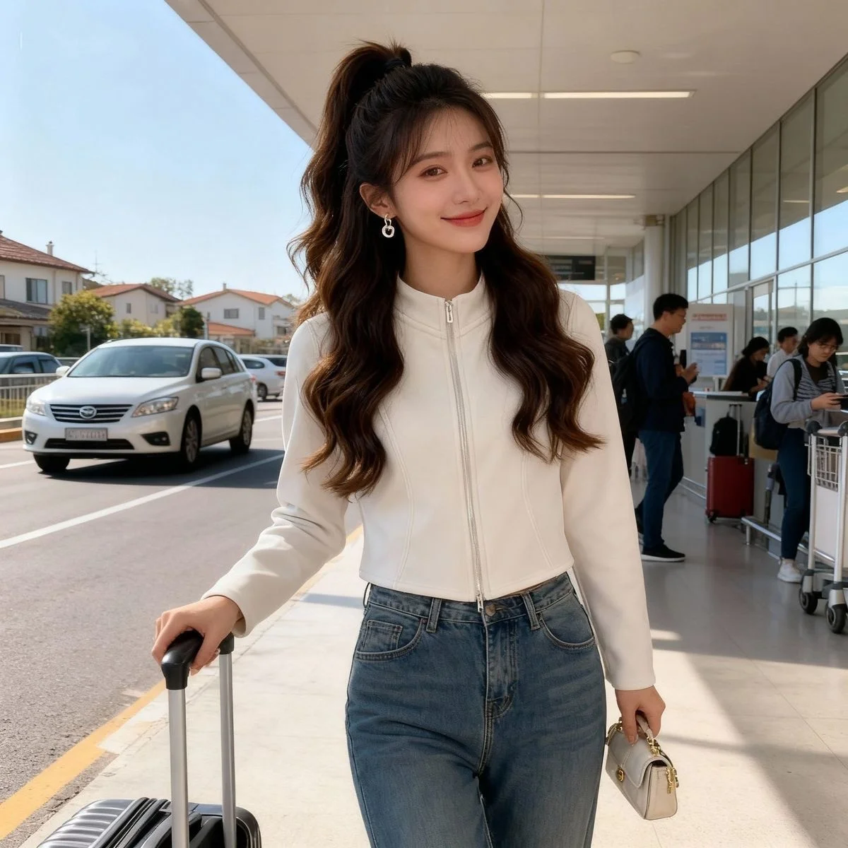 Ele Fce gefütterte Jacke mit doppeltem Reißverschluss für Damen, schmale Passform, warme Oberbekleidung von Top-Qualität mit Taillenlinie