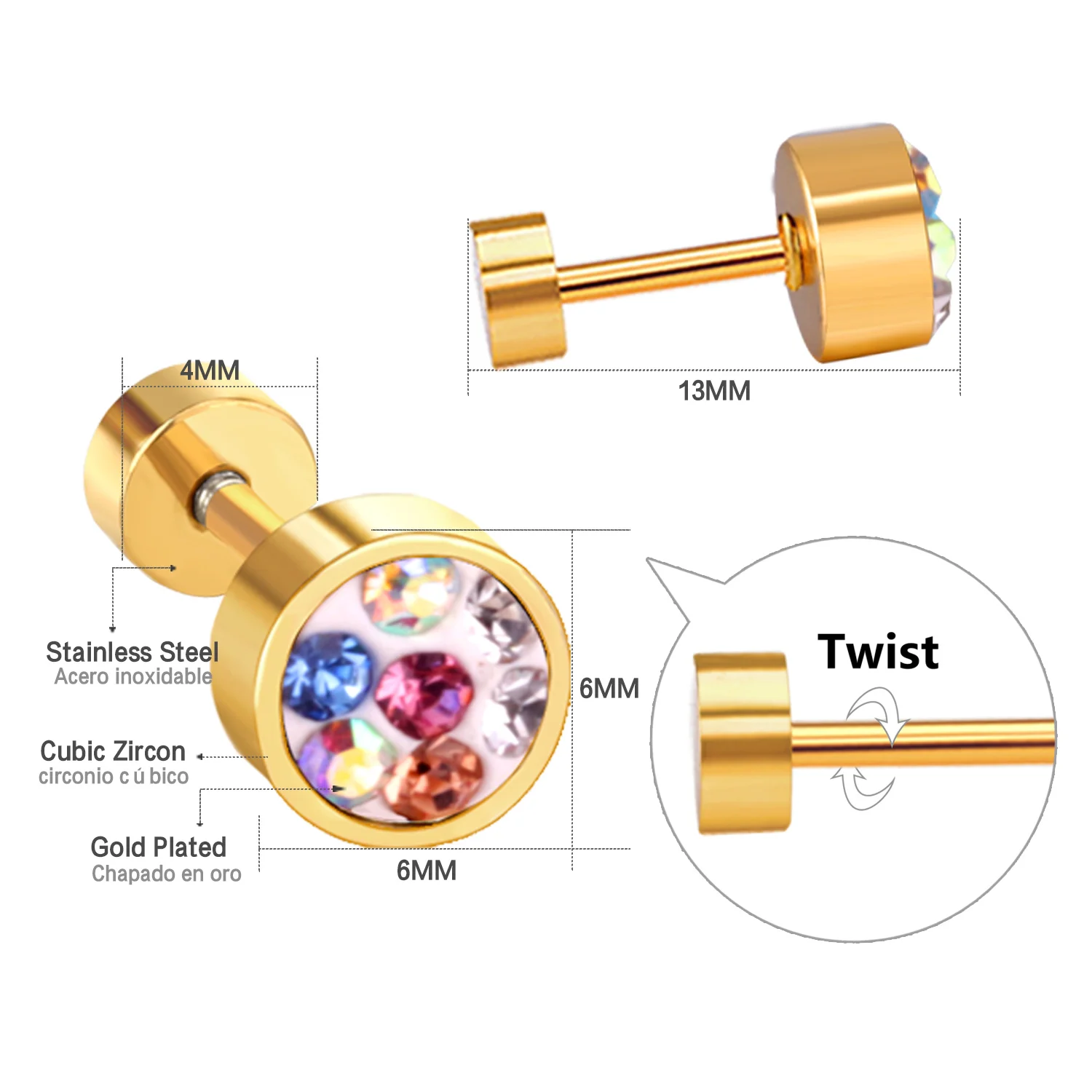 LUXUSTEEL 6MM 2022 Stainless Steel Earrings Round Bling Colorful CZ Anti-allergy Brinco Earrings For Women Girl Party Wedding