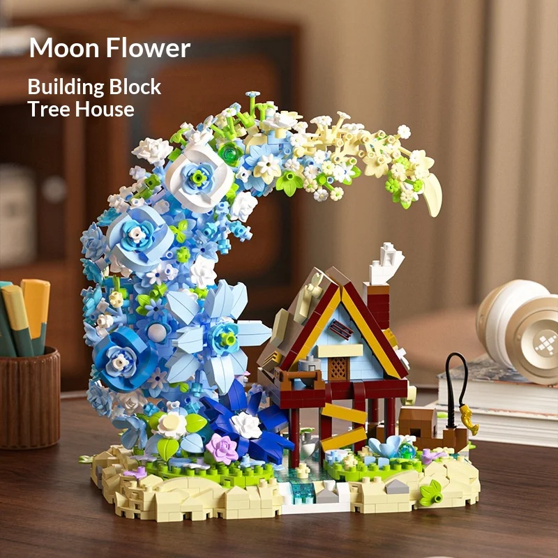 

Girl ornament, moon flower wooden house, treehouse, children's building block assembly toy, architecture holiday gift, desktop o