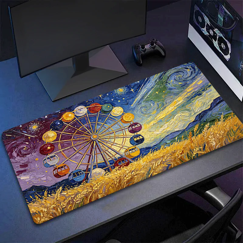 Tapis de souris abstrait style peinture à l'huile, grand tapis de bureau antidérapant en caoutchouc pour ordinateur, PC Gamer 90x40