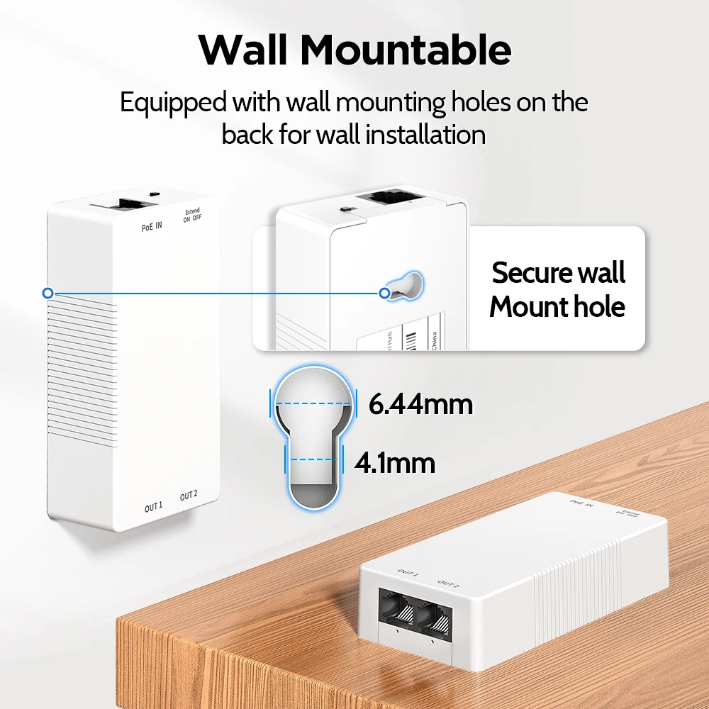 AMPCOM 100M/ 1000Mbps Ethernet PoE Extender IEEE 802.3 af/at PoE Repeater, 1 PoE in 2 PoE Out, 250m Plug and Play, Wandmontage