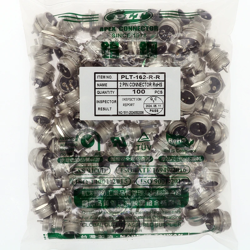 PLT-162-LP-R PLT-162-R-R PAT:182174 APEX Made inTAIWAN 2pin 90°curved Circular Aviation Socket Plug Panel Connector UL RoHS TUV