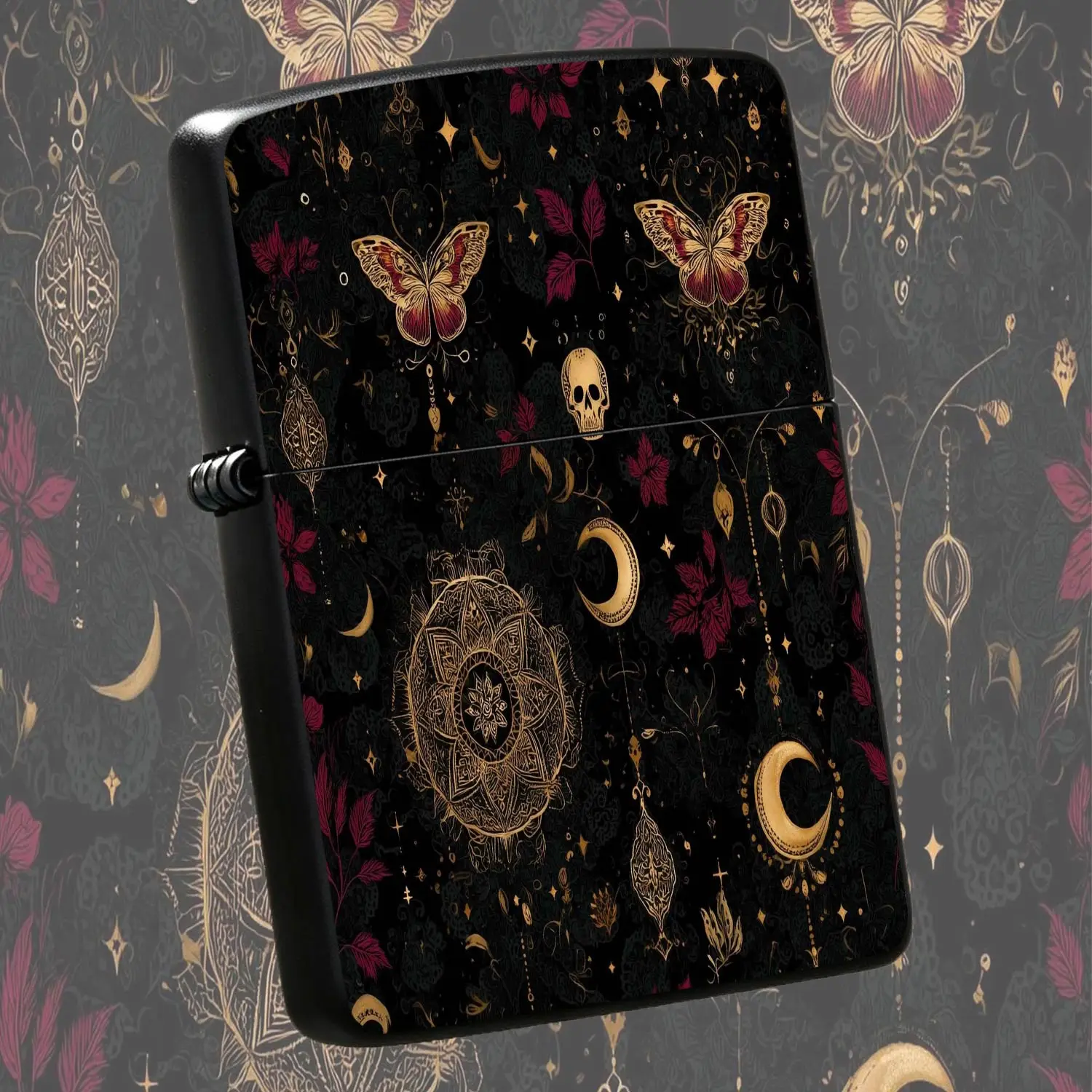 Vintage Gothic Mystical Pattern Lighter, Exquisite Gold Foilskull Moonprint, Aesthetic Dark Witchy Style Portable Ignition Device, Unique Decorative Practical Accessory For Daily Use Gifting Halloween And Various Occasi A Humorous And Inter
