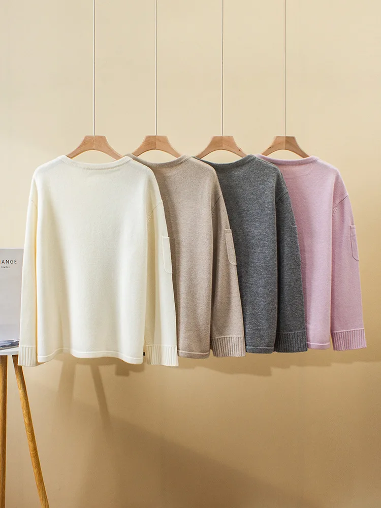 Women's 100% Cashmere Sweater Pocket Design Long Sleeve O-Neck Solid Color Loose Autumn Winter Knitted Pullover