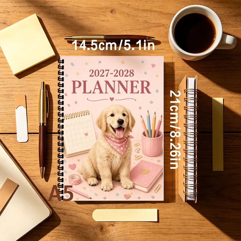 A5 Spiral Bound2027-2028 Planner,Cute Golden Retriever Pattern with Monthly Weekly Task Lists and Schedules,Ideal Teacher Gifts