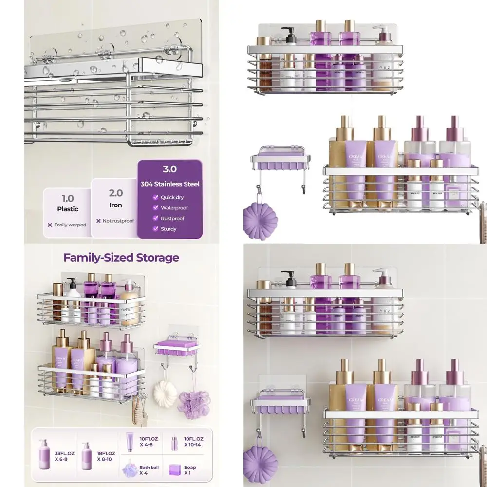 

3-Pack Stainless Steel Shower Caddy with Adhesive Mount, No Drilling Required, Rust-Resistant Bathroom Organizer, Silver