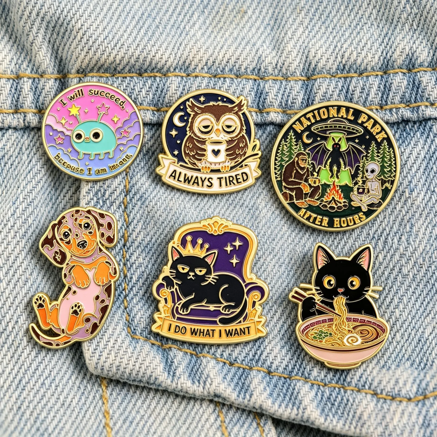Cartoon Dachshund Enamel Pins Alien Owl Dog Black Cat Lapel Brooches for Backpack Denim Jacket DIY Decor Gift