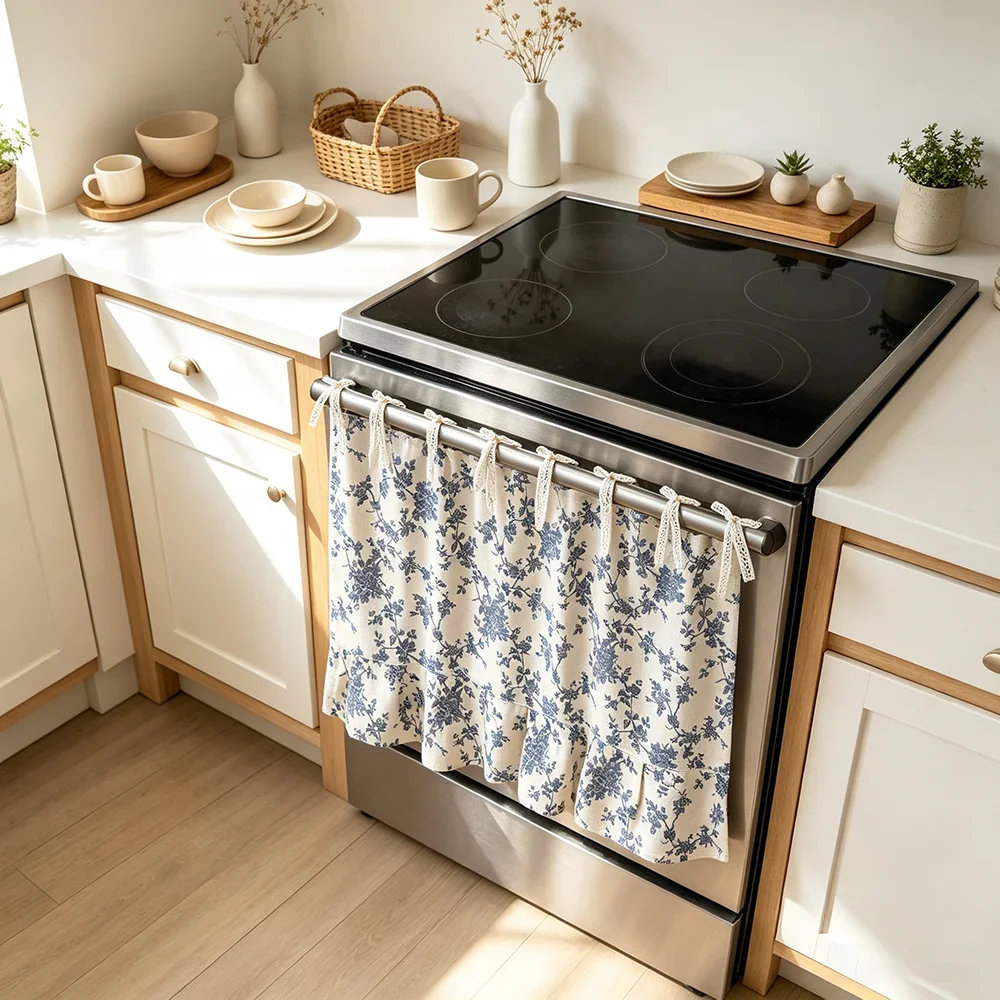 1pc Fresh Blue Floral Ruffle Tie Curtain, French Country Decor Curtain for Cabinet, Stove, Washing Machine, Oven Kitchen Decor