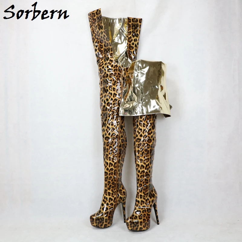 Sorbern stivali leopardati Super lunghi personalizzati donna stile Fetish Drag Queen 80Cm cavallo 120Cm piattaforma nascosta con stivale lungo con