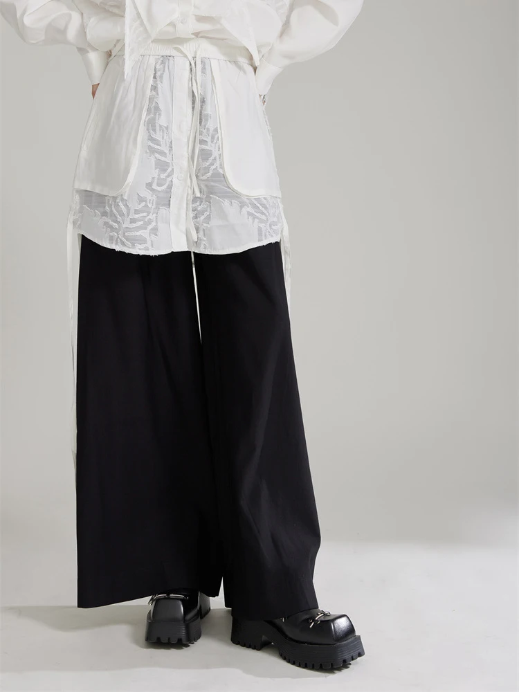 [EAM] High Elastic Waist Black Lace Color-block Long Wide Leg Pants New Trousers Women Fashion Tide Spring Autumn 2024 1DH7981