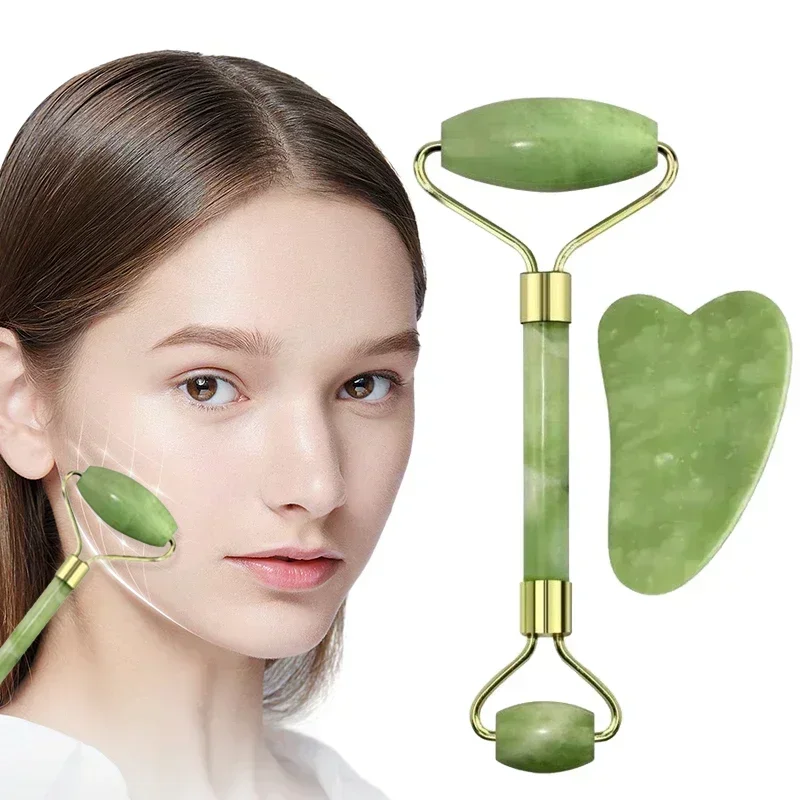 Juego de 2 piezas de rodillos faciales de doble cabezal y Gua Sha, raspador en forma de corazón, herramienta de masaje corporal portátil, juego de rodillos faciales