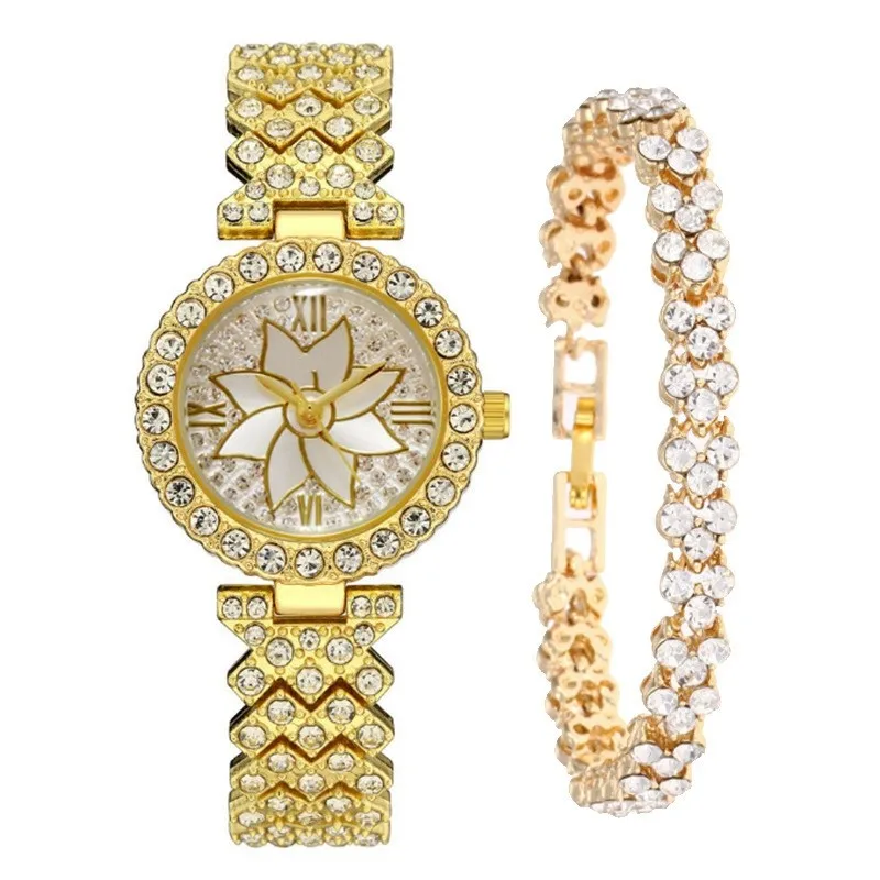 Nuevo reloj de mujer con diamantes, elegante reloj de cuarzo, esfera de diamantes popular, pulsera llena de diamantes, pulsera de corazón, pulsera de reloj de mujer, juego de 2 piezas