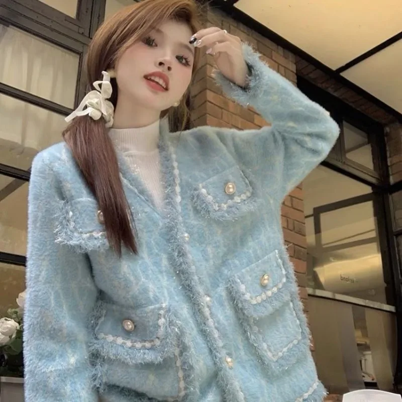 Autumn Winter Jacket Women's Knit Cardigan Single-breasted V-neck Sweater Warm Soft Coat Long-sleeved Outerwear Design Clothing