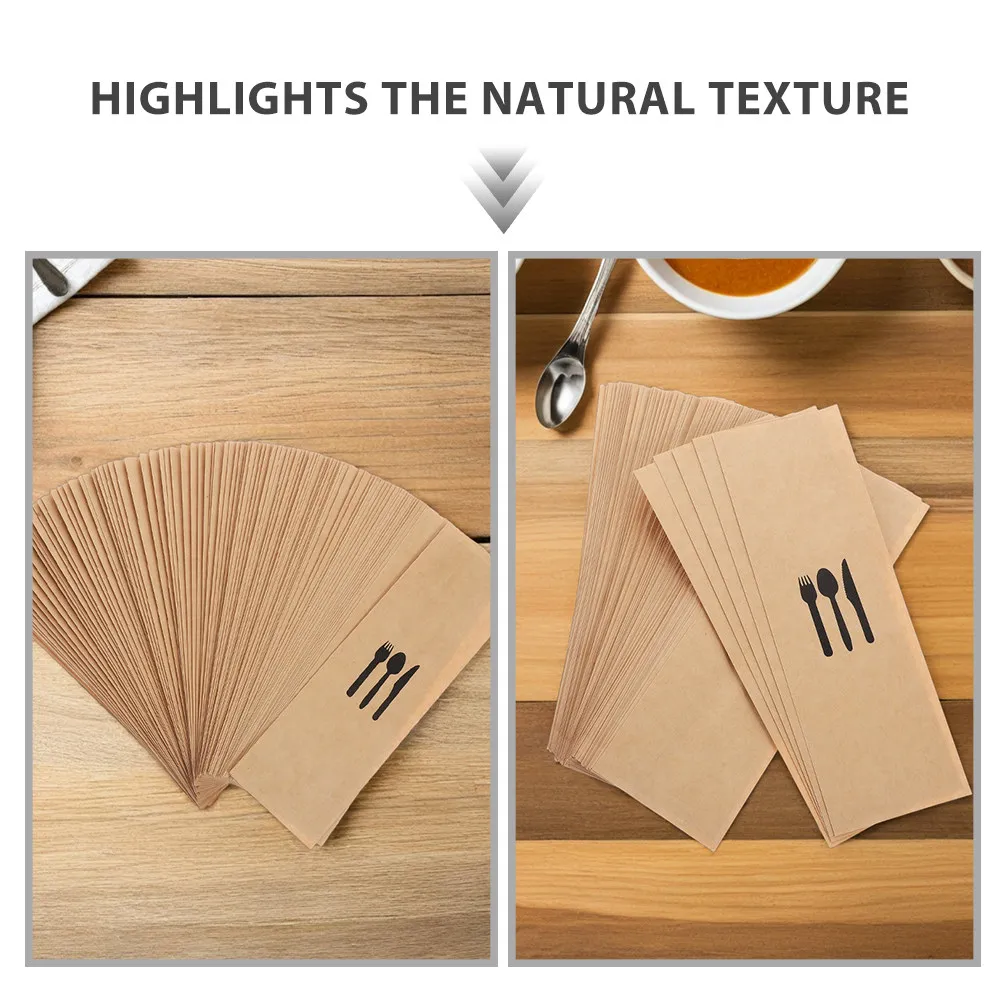 300Pcs Paper Silverware Sleeves Kraft Utensil Holder Laminated Oil-Water Resistant Cutlery Pouch for Restaurants Weddings