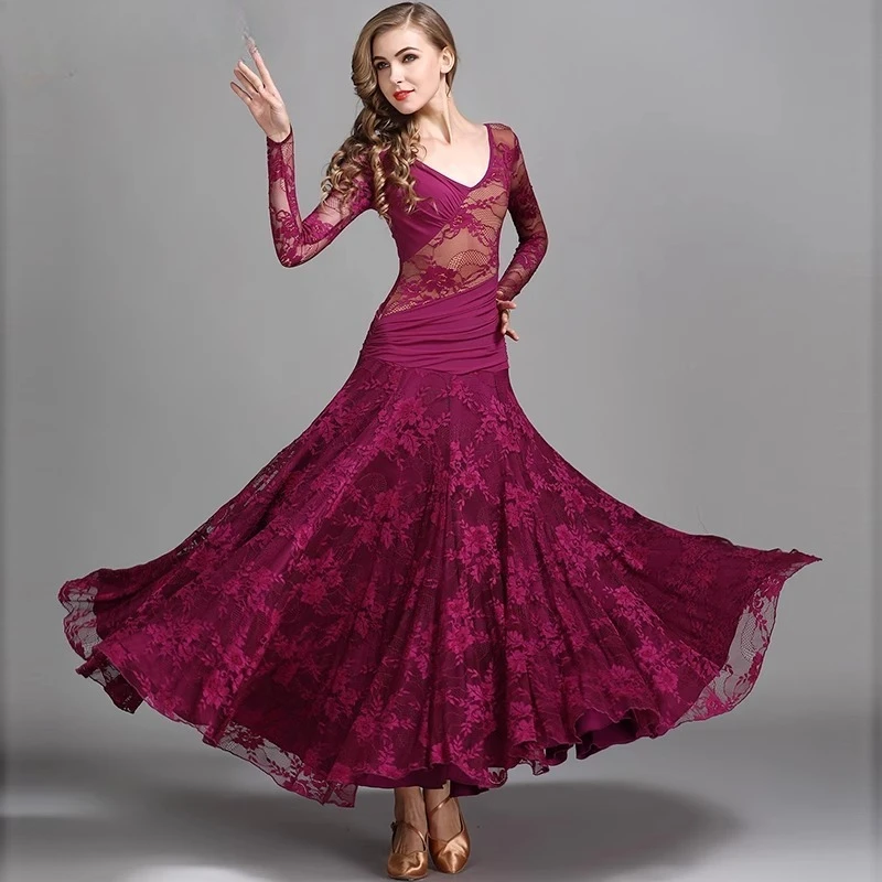 

Fashionable and Comfortable Modern Dance Dress Big Swing Lace Chiffon Dress National Standard Dance Clothes Waltz Practice Skirt
