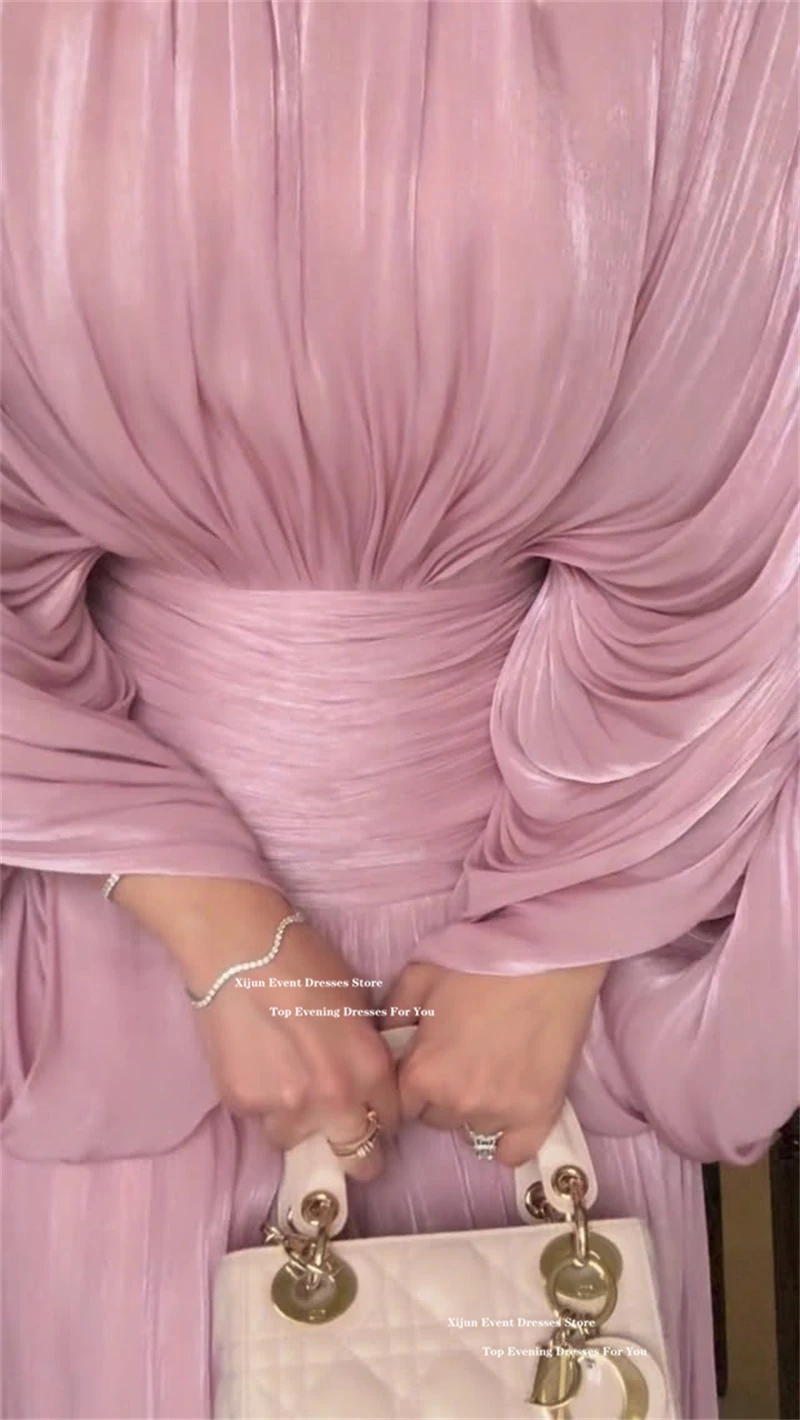 Xijun Luxury Pink Evening Dresses Pleated A-Line O-Neck Dubai Prom Dresses Modest Long Sleeves Maxi Prom Gowns 2026 Customized image 2