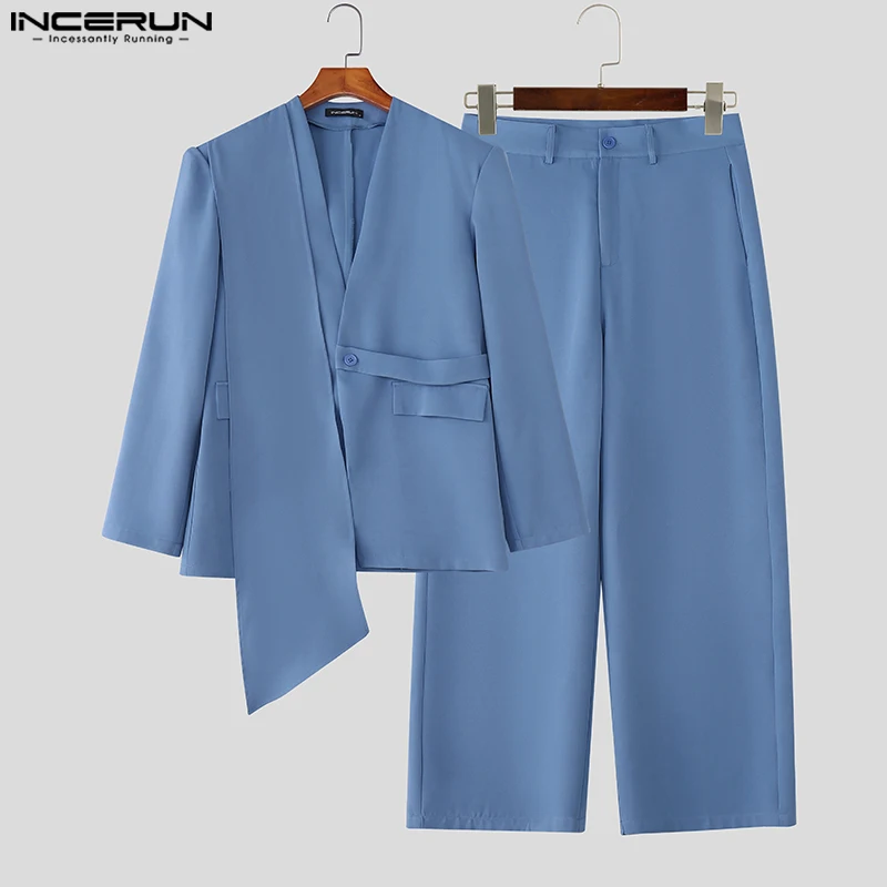 INCERUN أطقم رجالية بلون سادة وأكمام طويلة سترة وسراويل غير منتظمة طقم مكون من قطعتين ملابس خروج فضفاضة موضة 2025 بدل رجالية غير رسمية