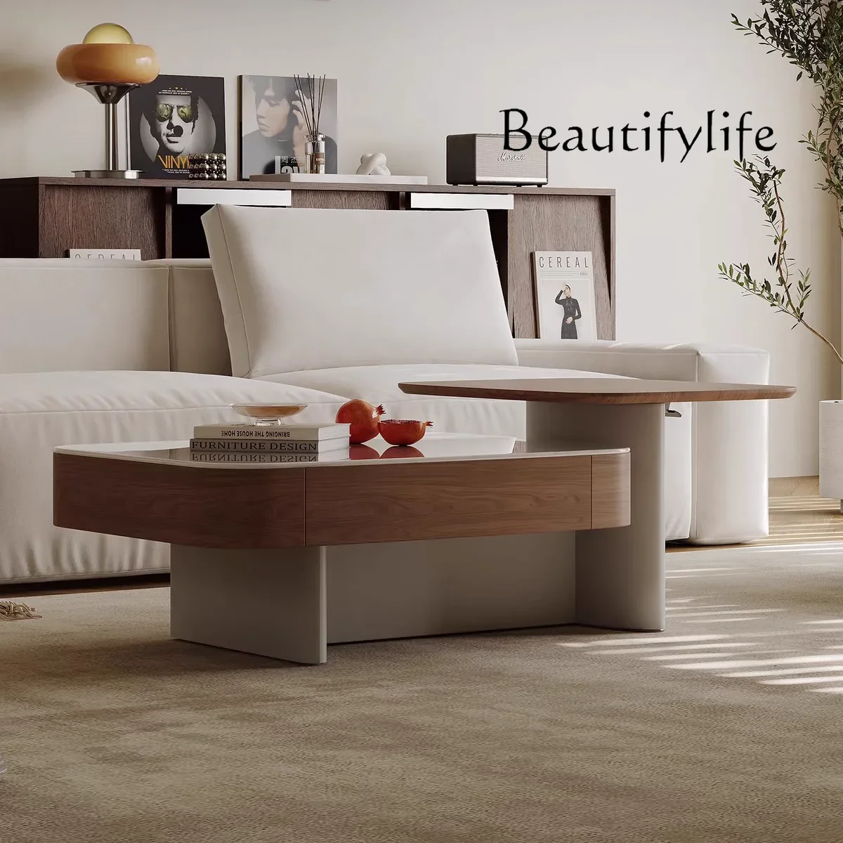 

S Lifting Microcrystalline Stone Coffee Table Household Living Room Storage Walnut Leather Small Apartment Living Room Modern