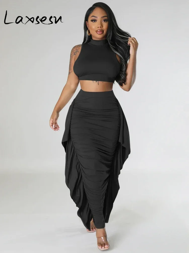 Laxsesu Women Solid Color Ruffles Side Bodycon Midi Maxi Skirts Set and Tie Up Back Tank Top 2024 Two 2 Piece Set Daily Outfits