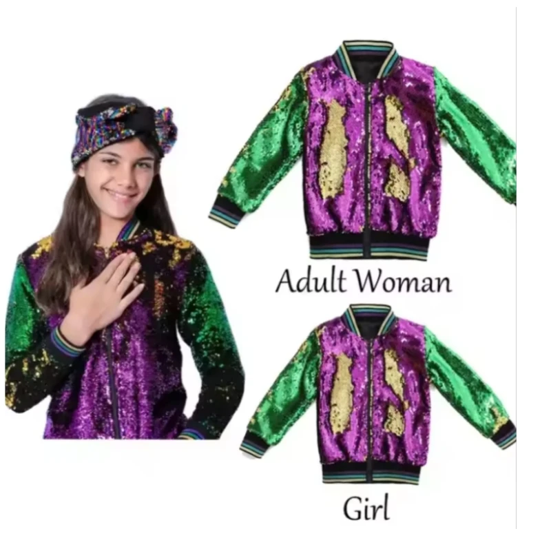 Hot Sale Mummy and Me green&purple &gold outfit new orleans zipper coat Lady women mardi gras Reversible sequin jacket