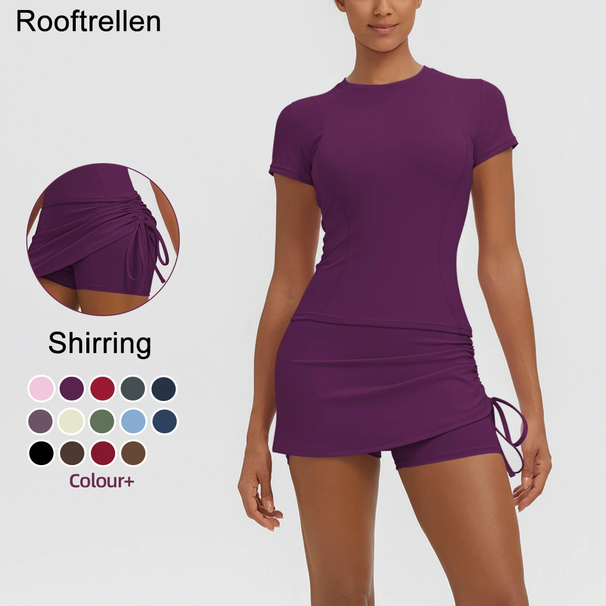 2PCS Yoga Clothes Set for Woman Slim Casual Tight Sports Running Yoga Short Sleeve T-Shirt Breathable Shirring Yoga Short Skirt