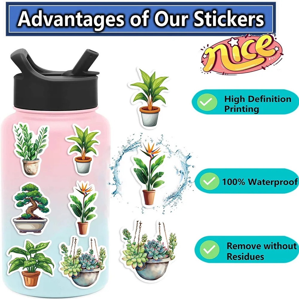 50PCS Cute Plants Green Aesthetic Stickers Kids Toy DIY Decoration For Fridge Notebook Bike Phone Suitcase Cartoon Sticker