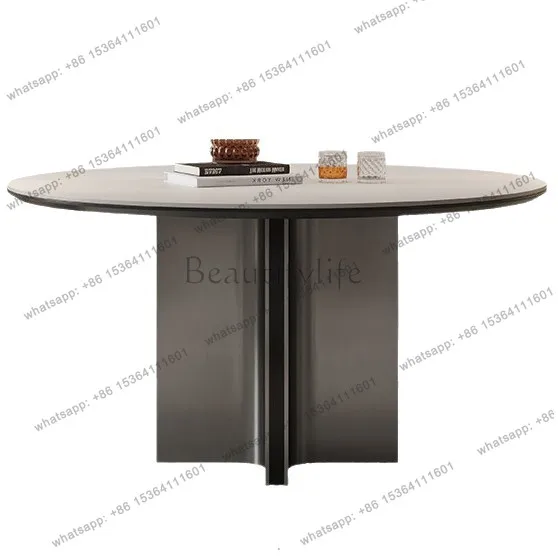 

Slate round table household small apartment light luxury simple round slate dining table with turntable