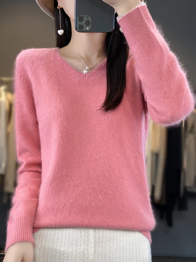 2024 New Women Basic V-neck Pullover Sweater 100% Mink Cashmere Long Sleeve Cashmere Knitwear Autumn Winter Odzież Damska Tops