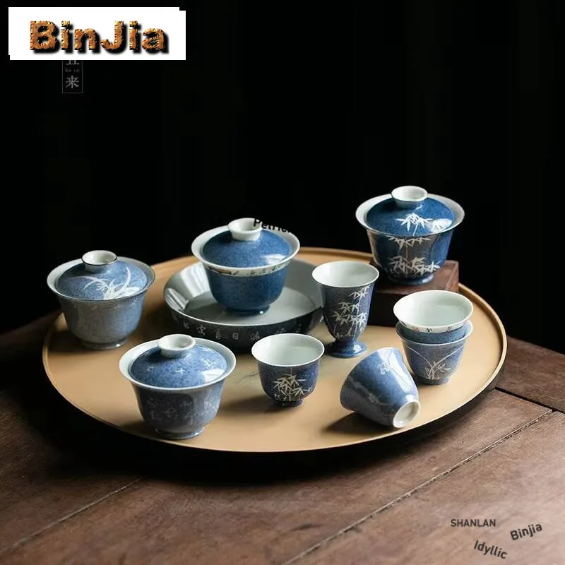 

100 мл посыпка синего гавань антикварная ручная краска бамбуковый чайный напиток крышка для заваривания чаша посуда для напитков аксессуары украшения