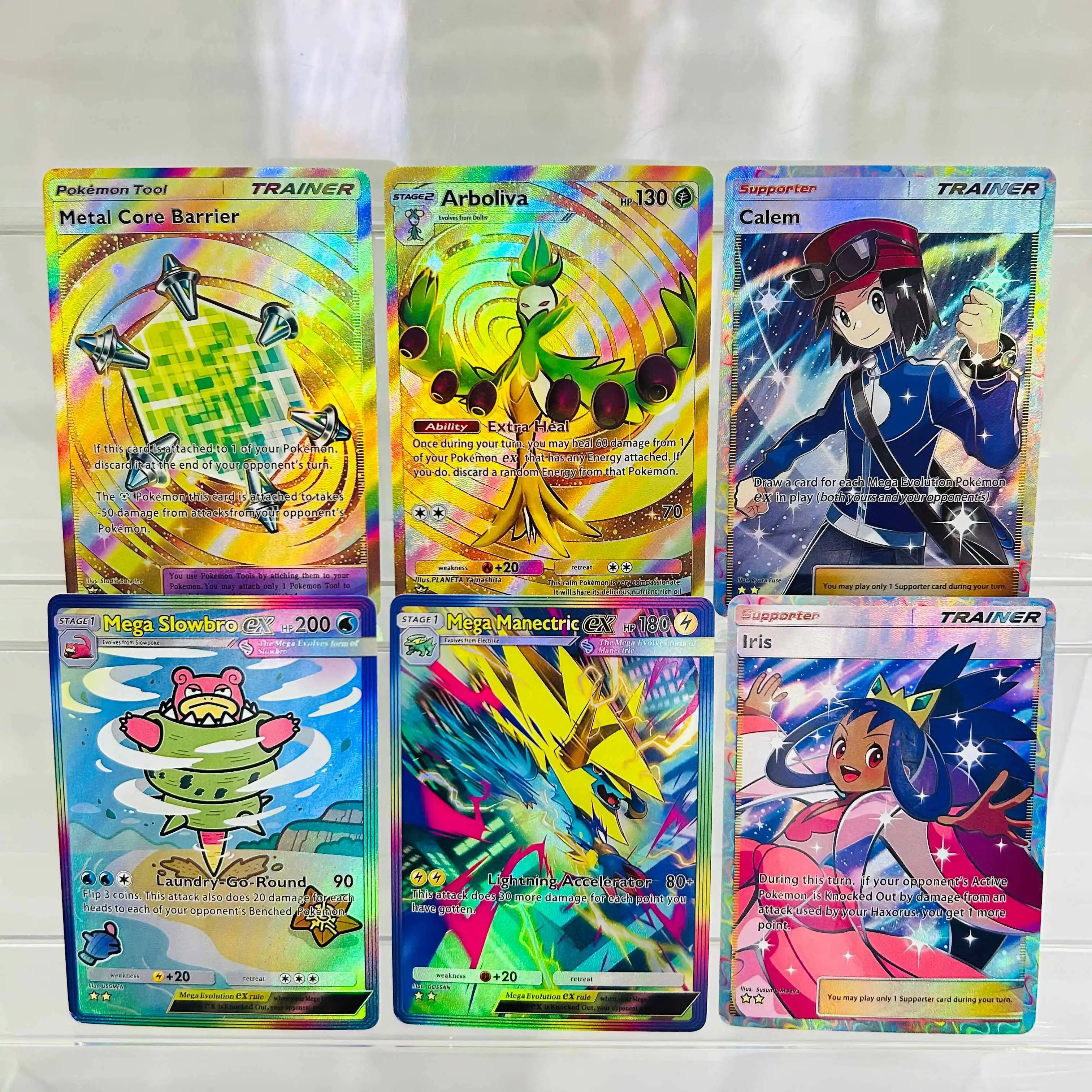 Metal Core Barrier Arboliva Calem Mega Slowbro Mega Manectric Iris 6Pcs English DIY Foil Texture Premium Anime Collection Cards