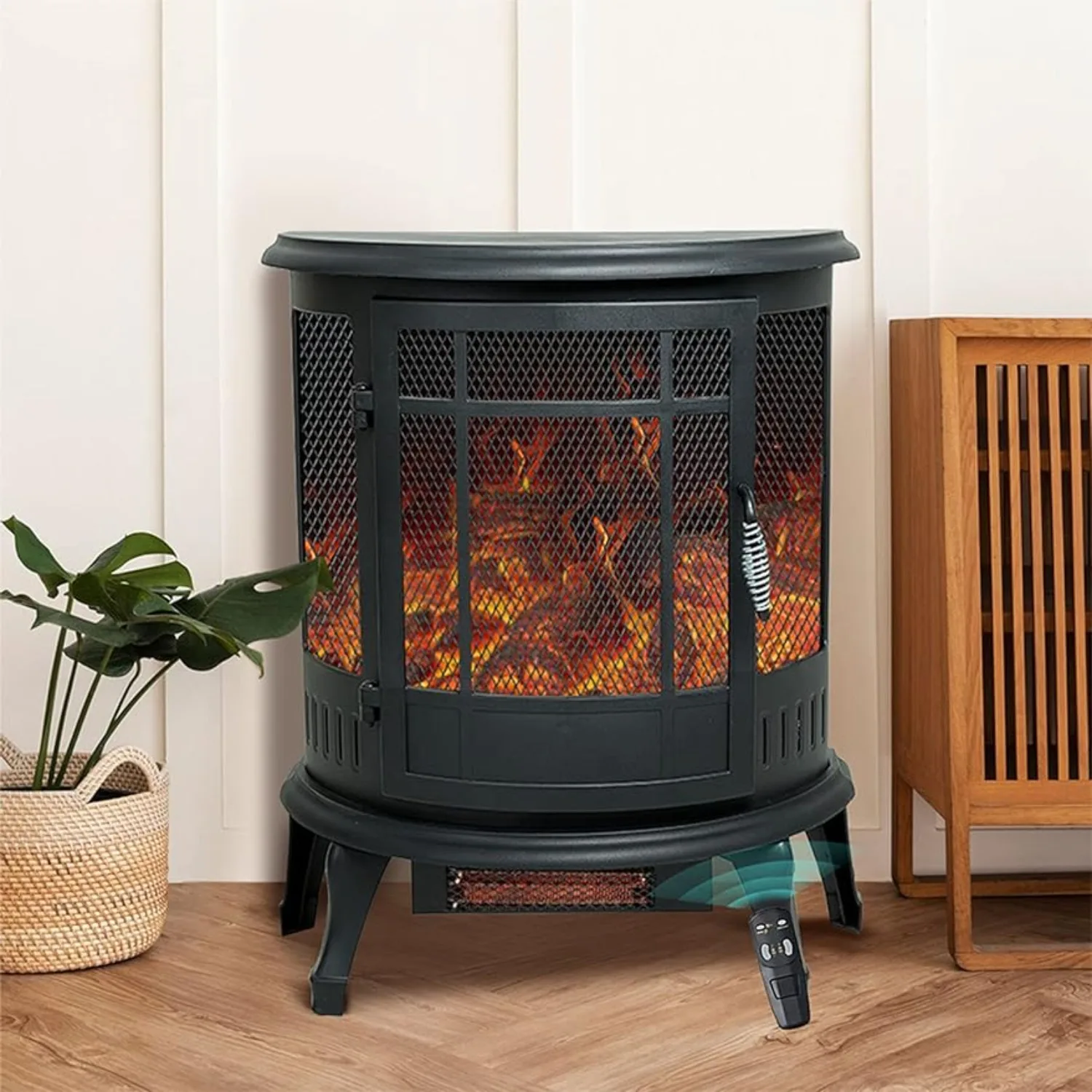 

25 inch tall Portable Electric Wood Stove Fireplace w/ Flame Effect, Freestanding Indoor Space Heater w/ Remote