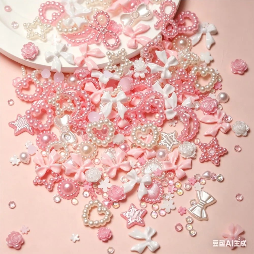 100pcs Ice Transparent Pink Bow Rose Flower Nail Crystal Gems Mix 3D White Ribbon Bow Nail Decortions Pearl Heart Nail Charms &7