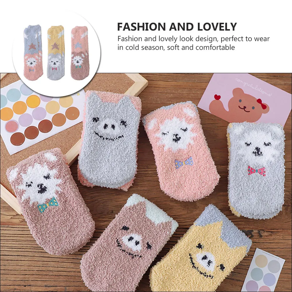 

3 Pairs Floor Socks Coral Fleece Warm for Women Female Animal Spandex 5% Women's Winter