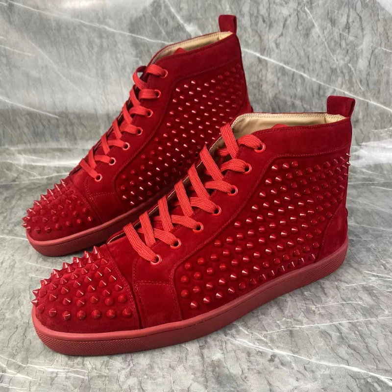 Red Rivets Suede For Men Shoes Stylish High-top Designer Sneakers Spring Lace-up Casual Sports Leather Luxury Trainers Men Shoes