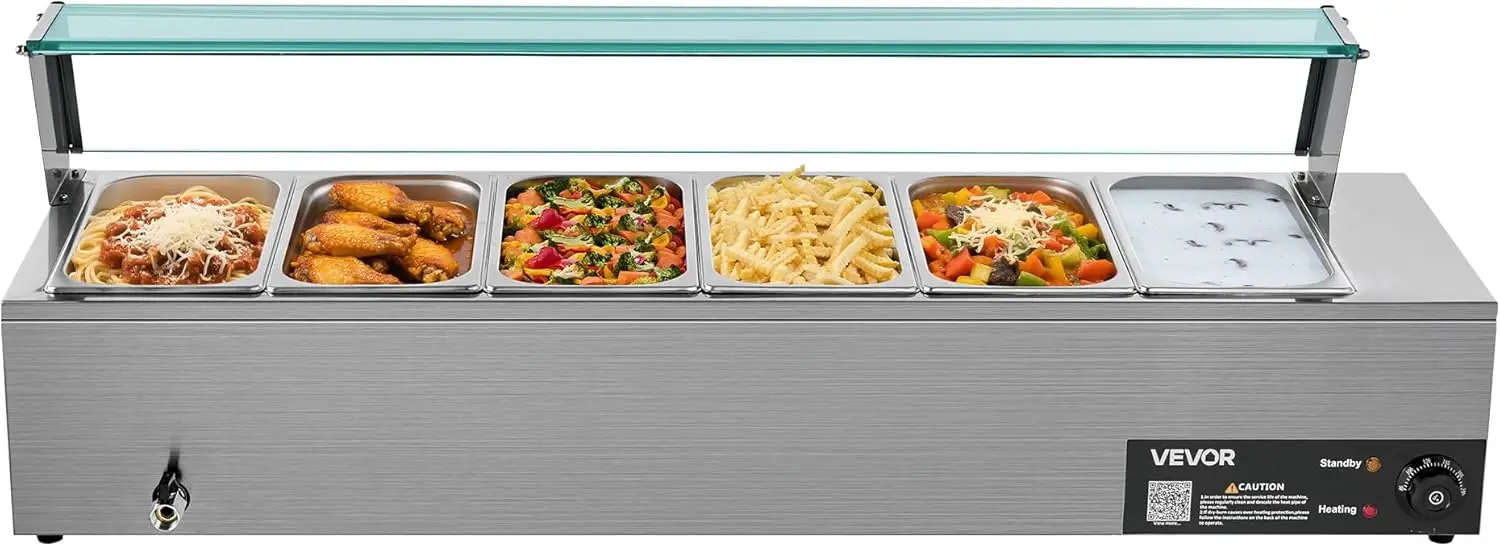 

Commercial Food Warmer, 1500W Electric Stainless Steel Steam Food Warmer with Glass Cover, 6 x 1/3 Size Pans Buffet Bain Marie w