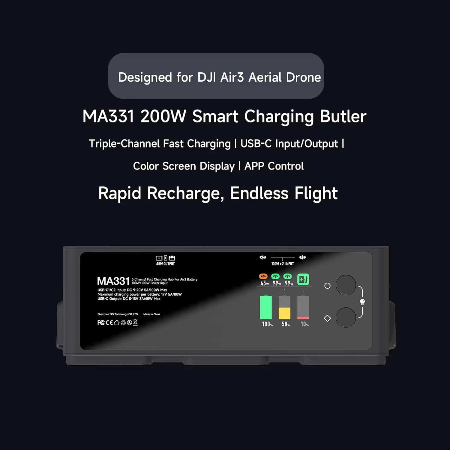 ISDT MA331 Air 3 Charging Hub 200W 3 Channel Smart Battery Charger with APP Connection LCD Display for DJI Air3 Aerial FPV Drone