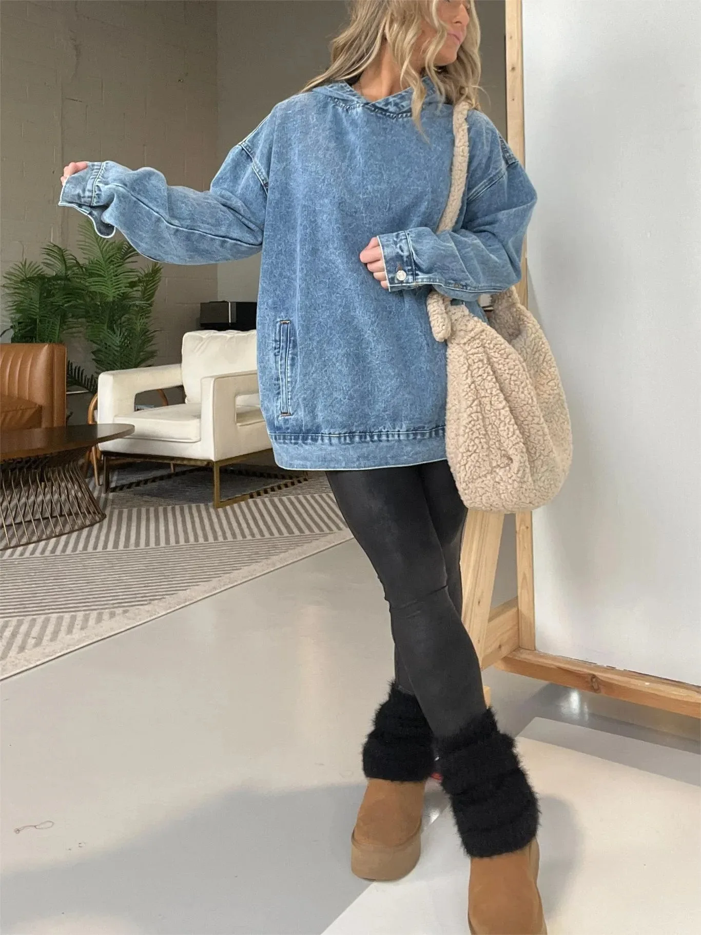 Midiross dames lente nieuwe mode effen kleur losse trui met capuchon denim hoodie hipster denim hoodie met lange mouwen