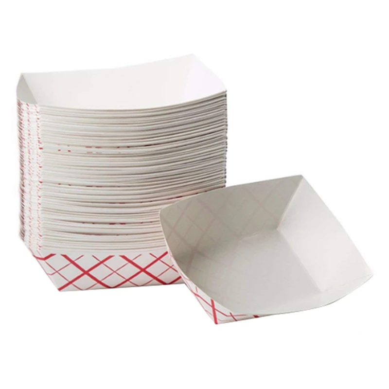 

100Pc Paper Food Trays Disposable - Red & White Checkered Leak Proof Paper Food Boats - Paper Trays For Food