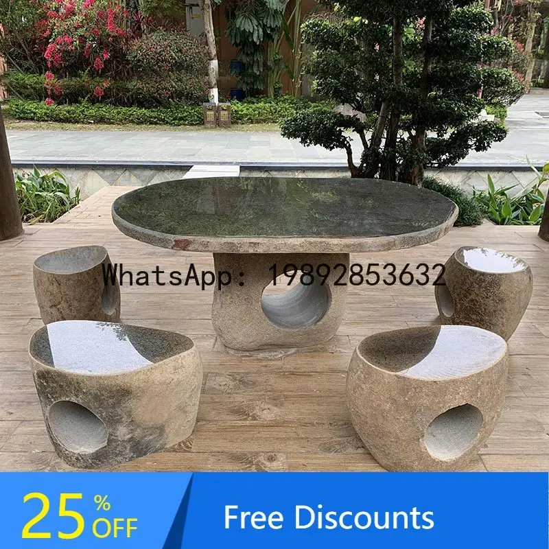 XL Stone Table and Stool for Courtyard Garden Home Outdoor Natural Pebble Table and Chair
