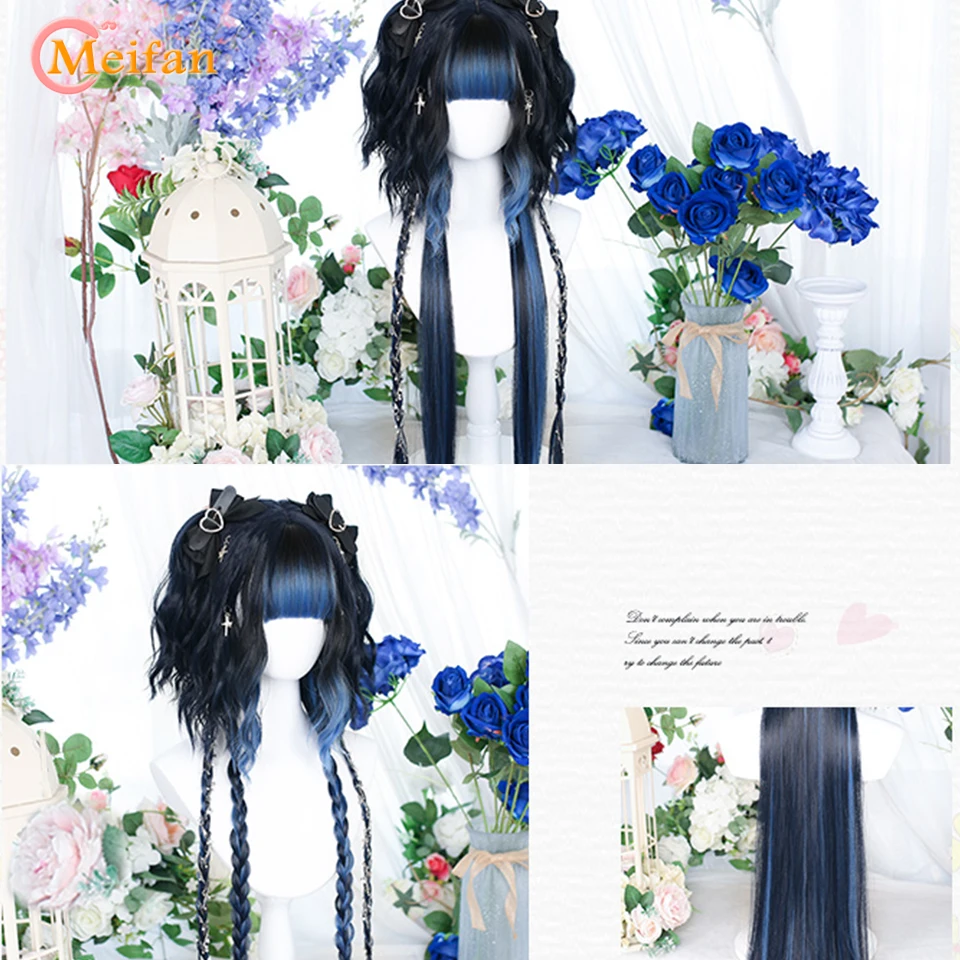 MEIFAN Synthetic Long Wave Curly Lolita Wig with Bangs Wig Girl Cute Ombre Pink Blue Green Cosplay Party Halloween Christmas Wig