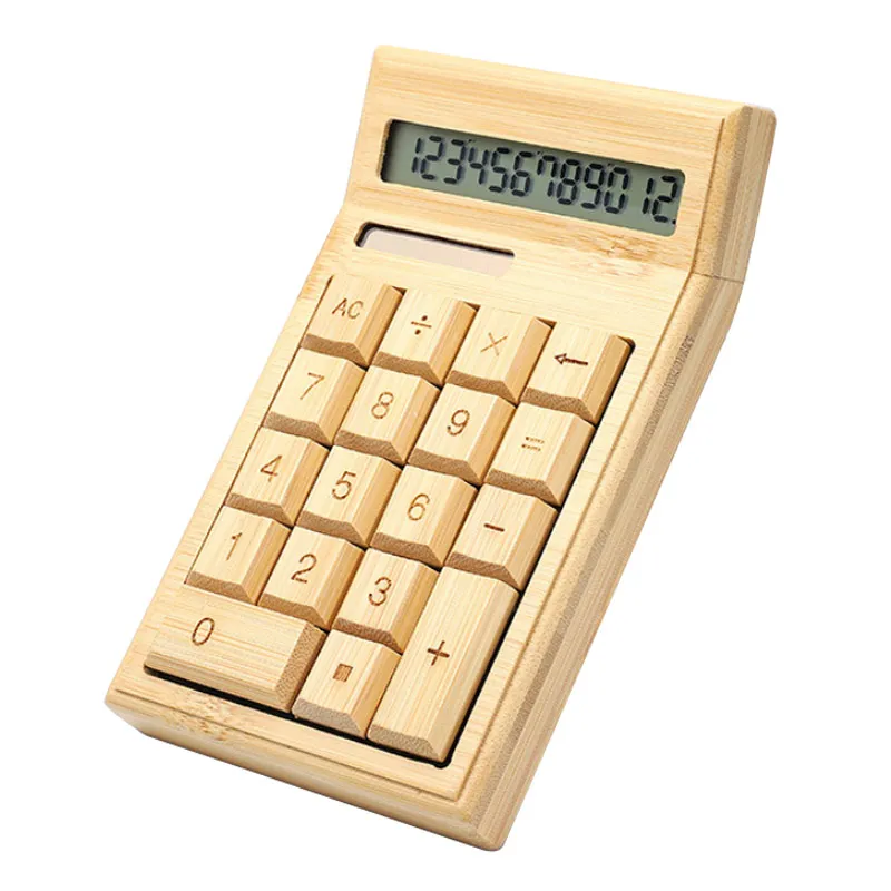 Luxmoc 12 Bit Solar Calculator Digital Bamboo Wooden Students Business Office Finance Accounter Mini Handheld Calculatoer