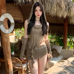New 4 Pieces Bikini Set Swimsuit Women Brown Swimwear with Ruffle Sarong Skirts Sleeves Cover Up Beachwear Korea Bathing Suit