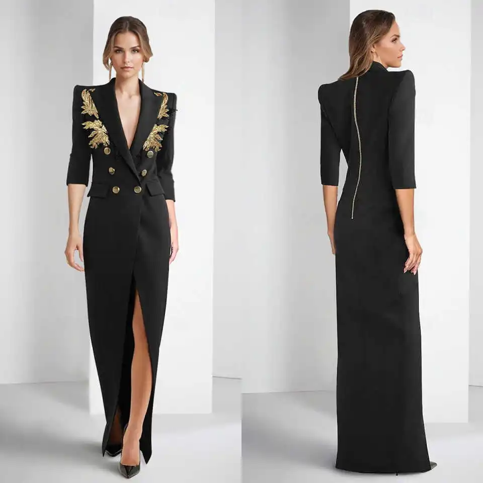 

Customized Women Long Blazer Dress Designer Gold Appliques Ladies Prom Birthday Party Formal Wear Outfit Jacket One Piece